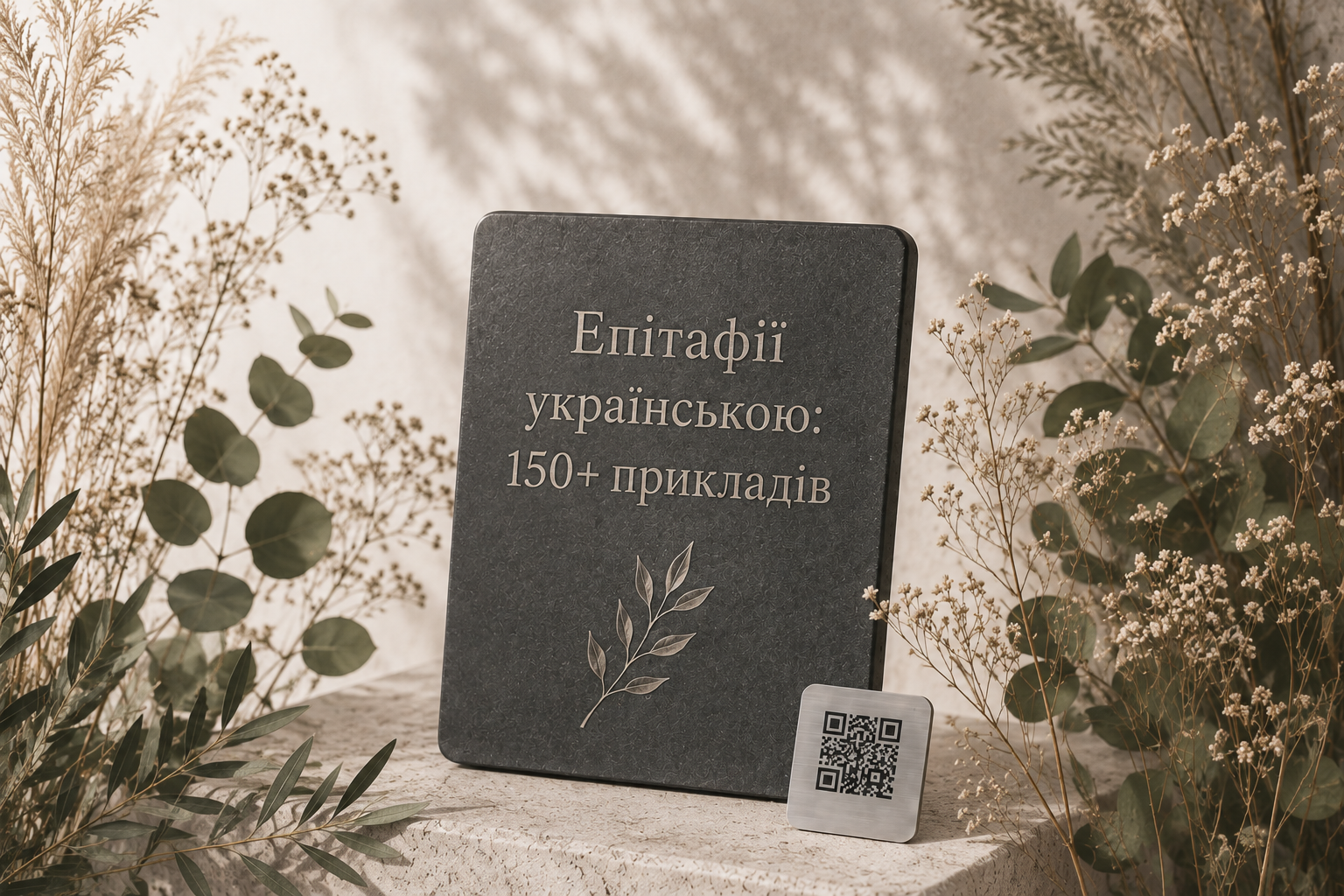 Епітафії українською — гравіювання на темній меморіальній табличці поруч із металевим QR-кодом