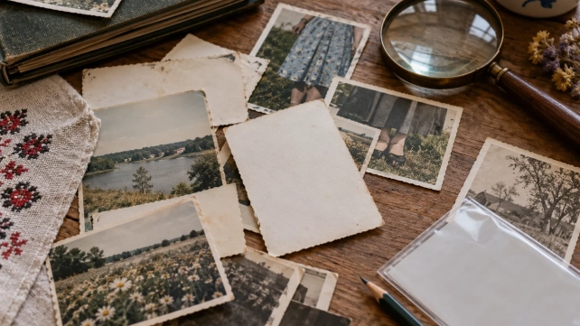 Сімейний фотоархів на столі під час вибору фото на пам’ятник