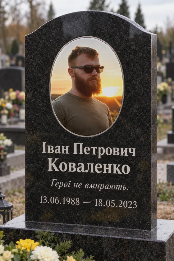 Візуалізація гранітного пам’ятника: портрет, імʼя «Іван Петрович Коваленко», епітафія «Герої не вмирають.» і дати 13.06.1988 — 18.05.2023