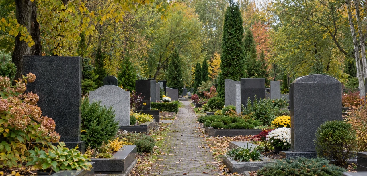 Доглянуте кладовище з різними формами надгробних пам’ятників у м’якому ранковому світлі.