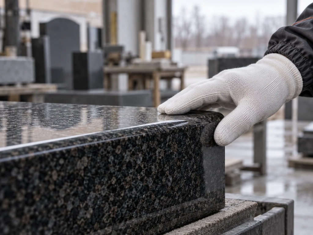 Перевірка країв і якості обробки кам’яної деталі пам’ятника.