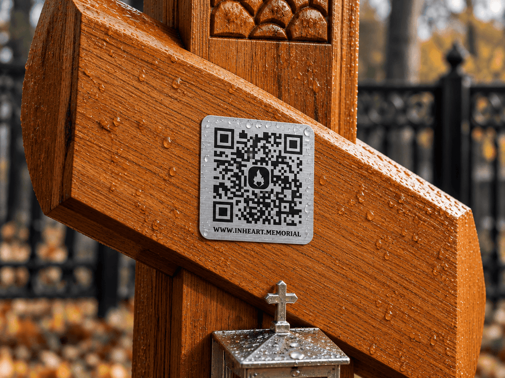 Металева QR-табличка Inheart 5×5 см на нижній перекладині деревʼяного хреста, крупний план