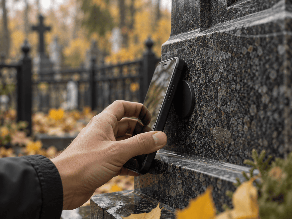 Смартфон торкається NFC-мітки на гранітному памʼятнику впритул