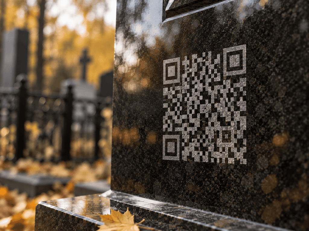 QR-код, вигравіюваний на полірованому чорному граніті памʼятника, крупний план